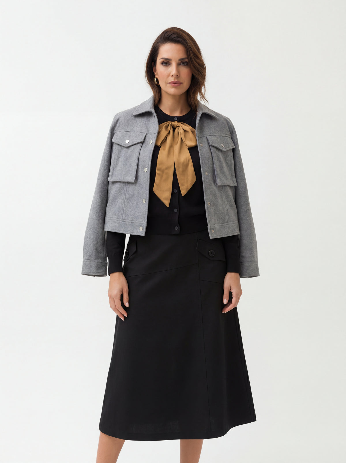 SATIN BOW CHENILLE + Line Midi Skirt + Heather Breeze Jacket - 04
