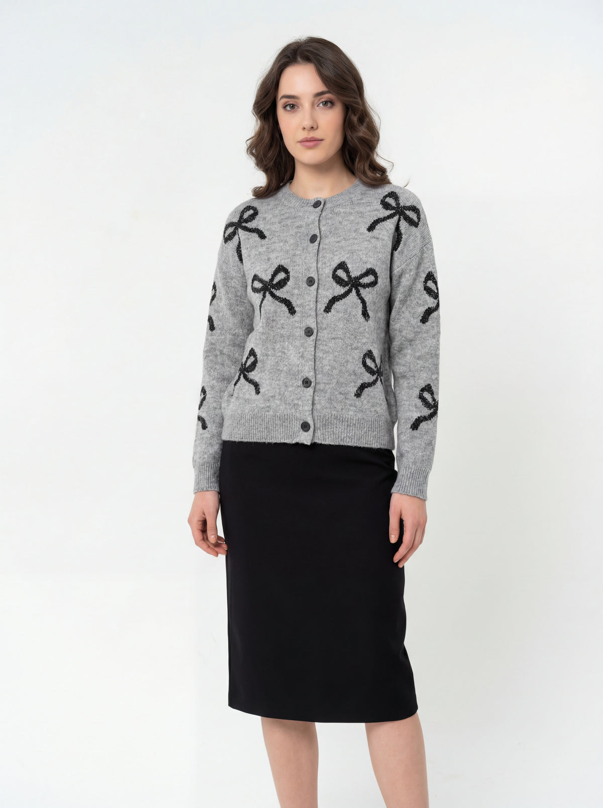 Grey Sweater Cardiagn + Tapered Pencil Skirt - 09