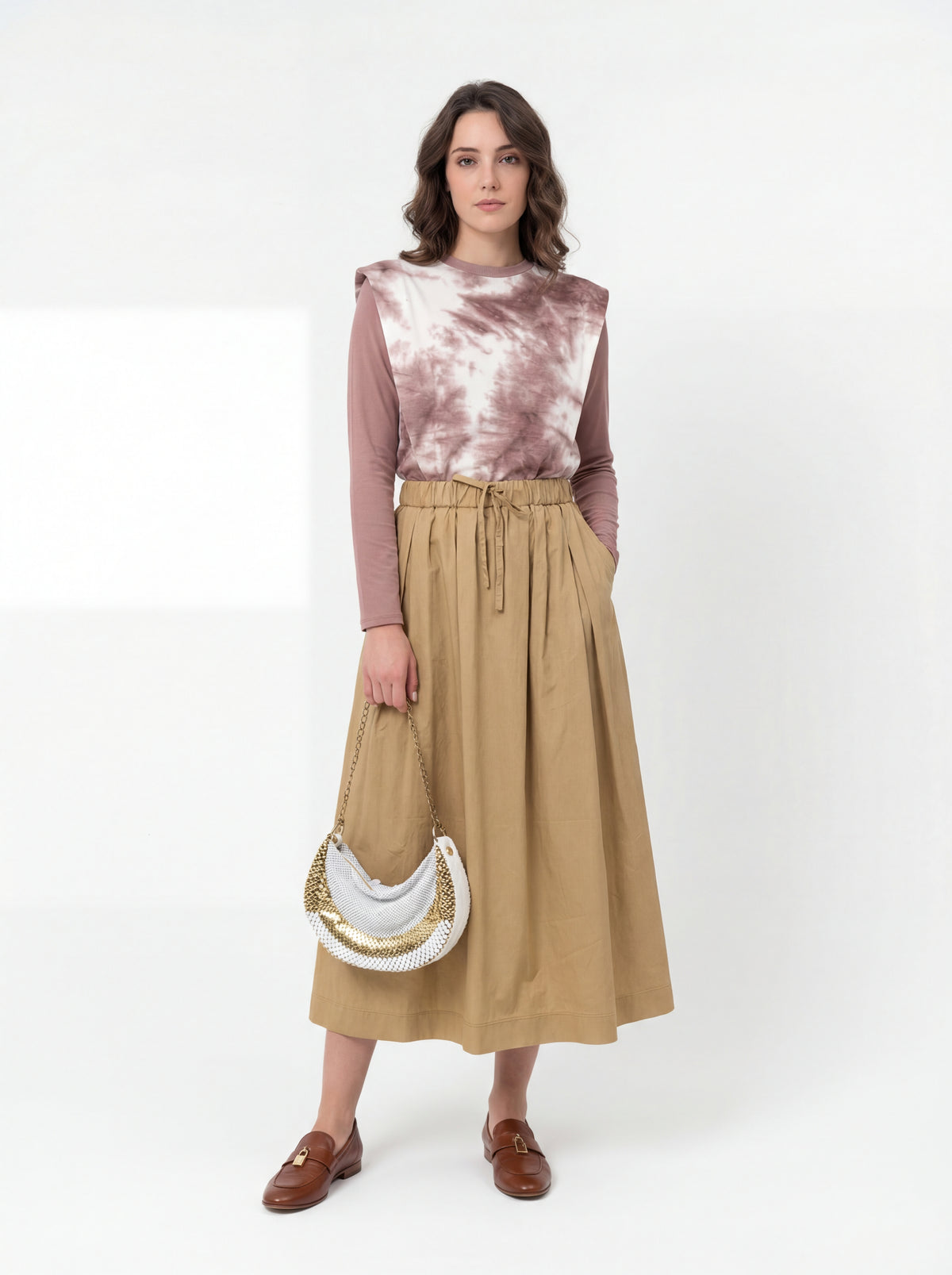 Tan Leather Lock + Color Block Shirt + Cotton Skirt + Madison Maison ™ Laura - 02