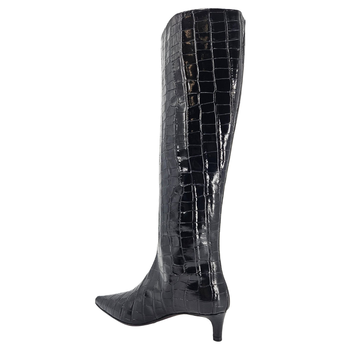 Black Tall Moc Croc Pointy Toe Kitten Heel Boot