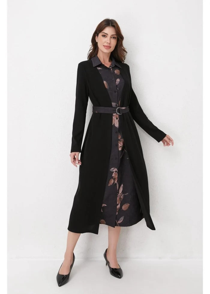 Black Layered Midi Belted Dress