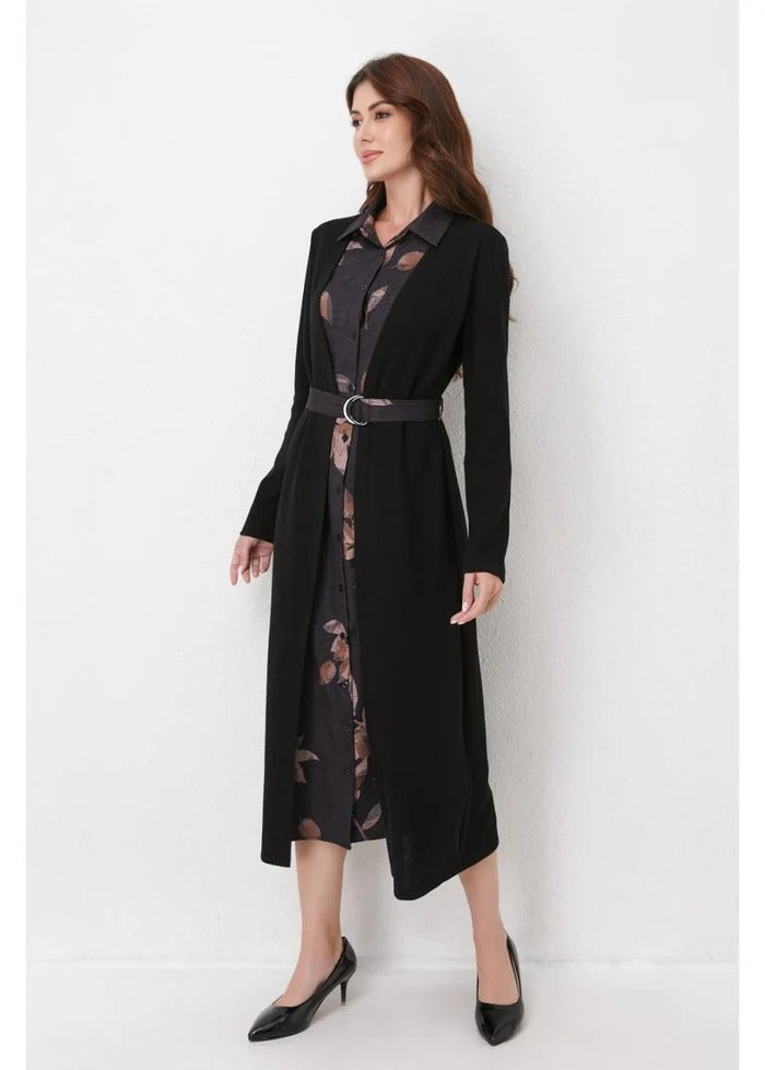 Black Layered Midi Belted Dress