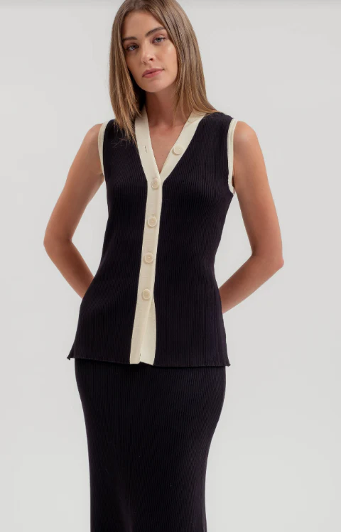 Black Knit Vest with Ivory Piping