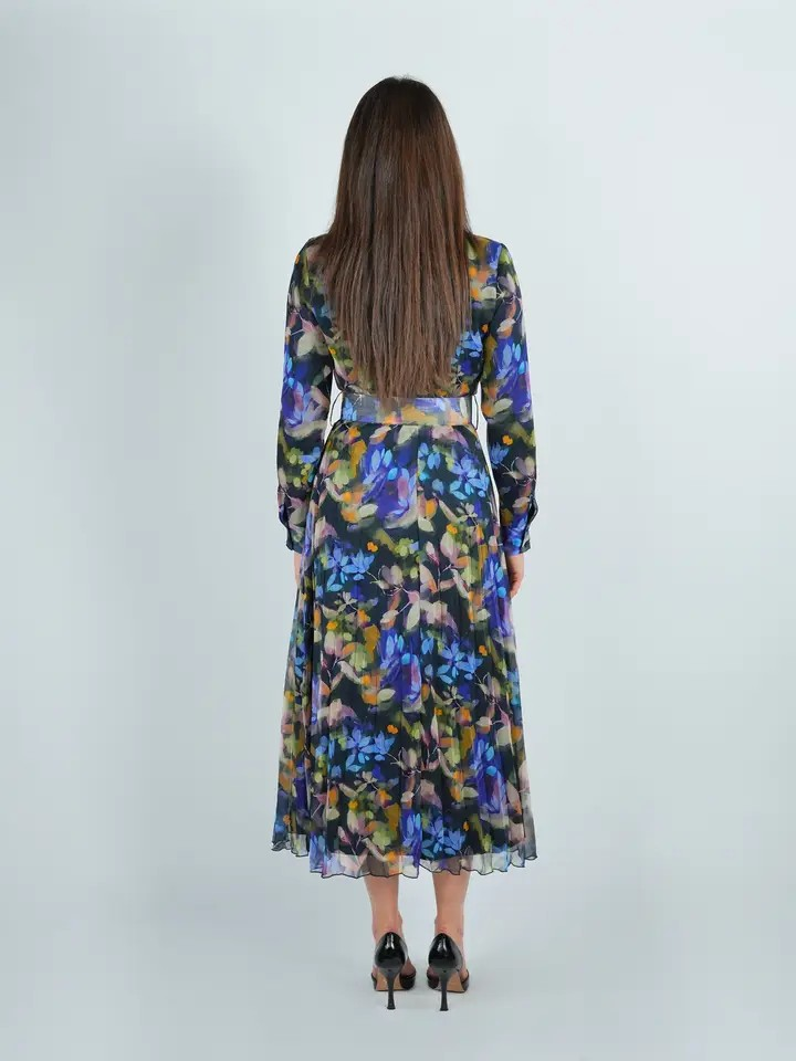 Chiffon Neon Floral Pleated Dress