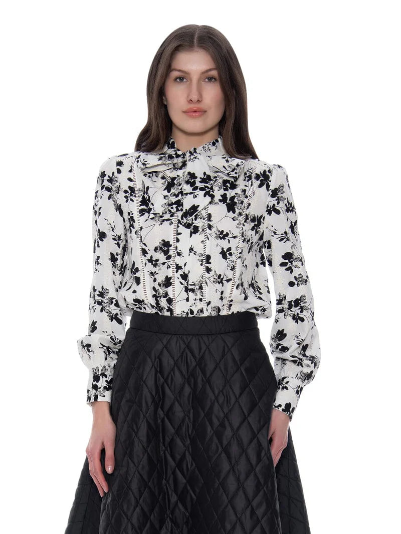 Garcia Floral Print Crochet Trim Tie-Neck Long Sleeve Top T35424