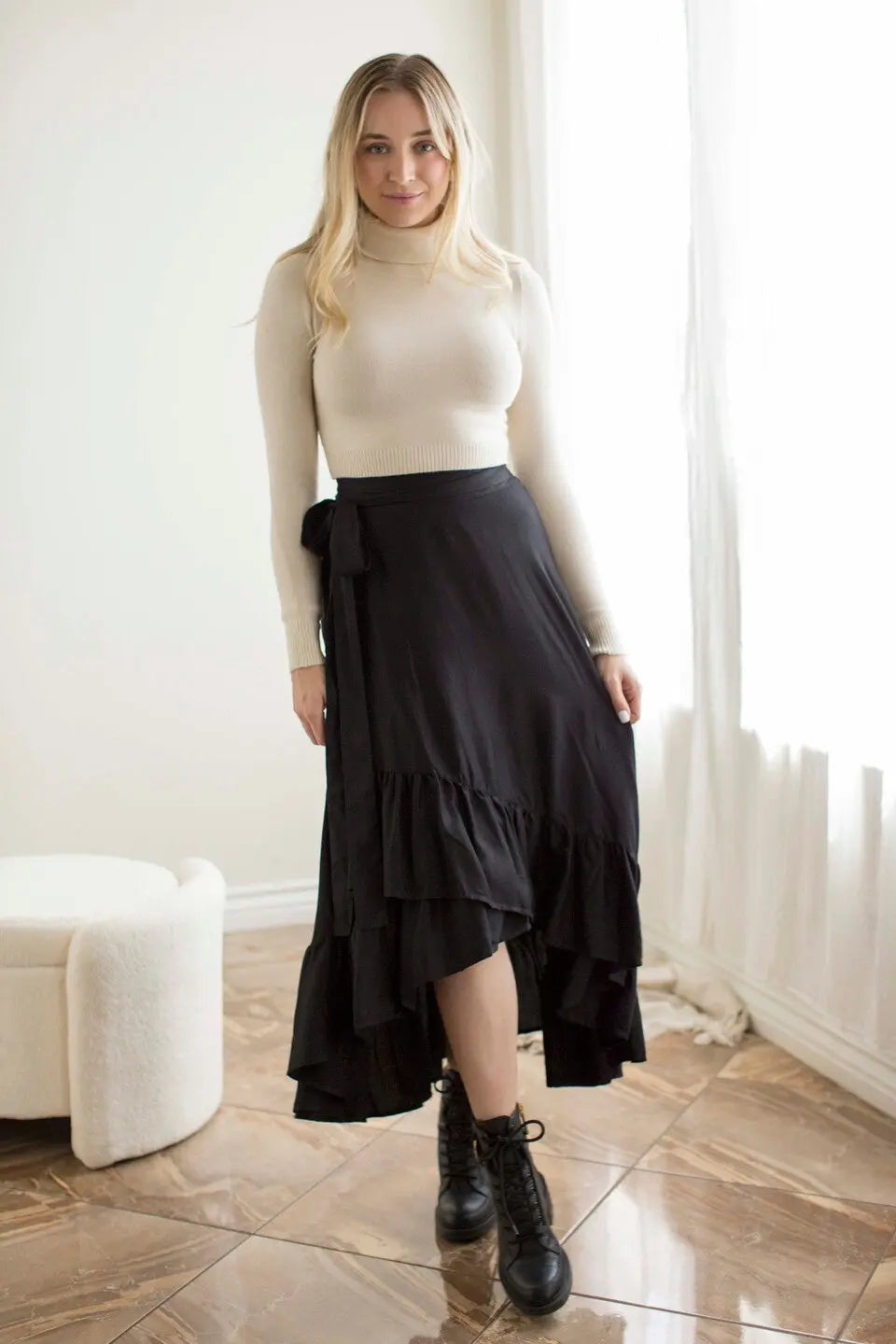 Faux Wrap Hi Lo Skirt- Black