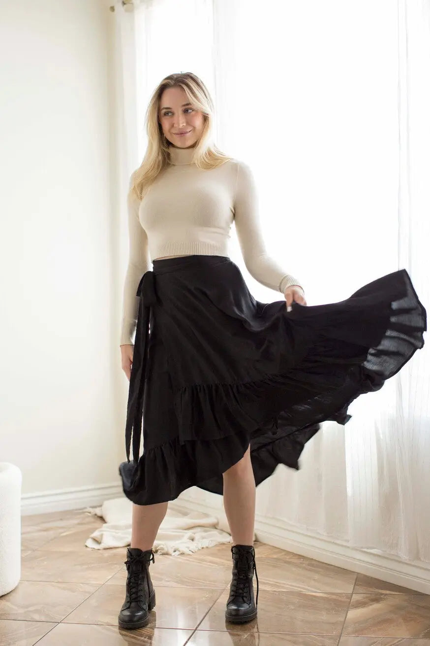 Faux Wrap Hi Lo Skirt- Black