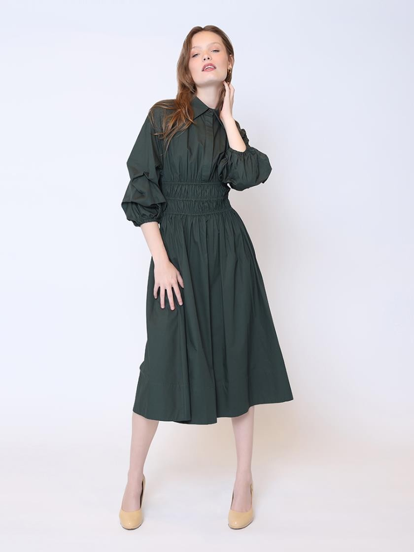 Gracia Ruched Puff Sleeve & Waist A Line Midi Dress D33917