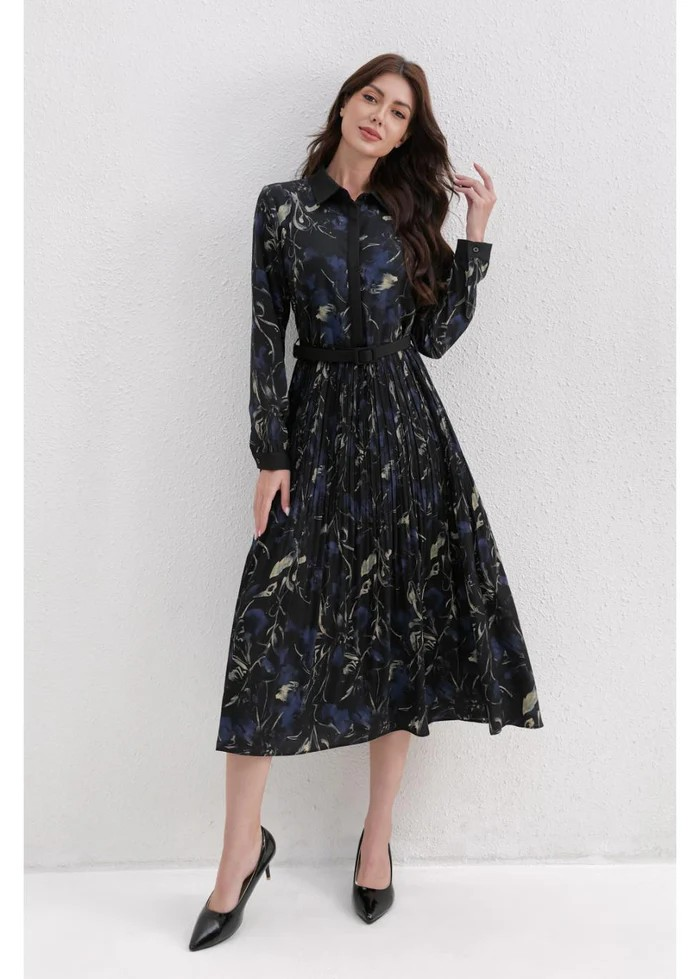 Midnight Petal Pleated Midi Dress