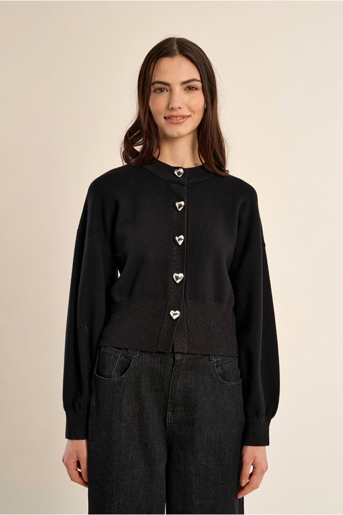 Black Cardigan With Heart Shape Buttons