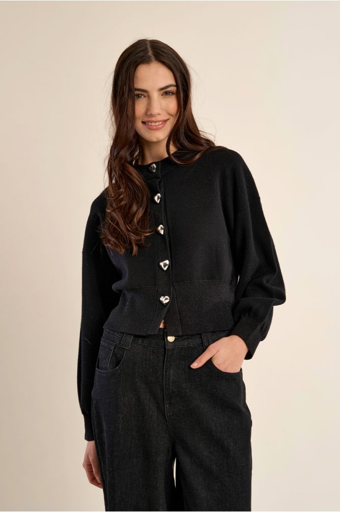 Black Cardigan With Heart Shape Buttons