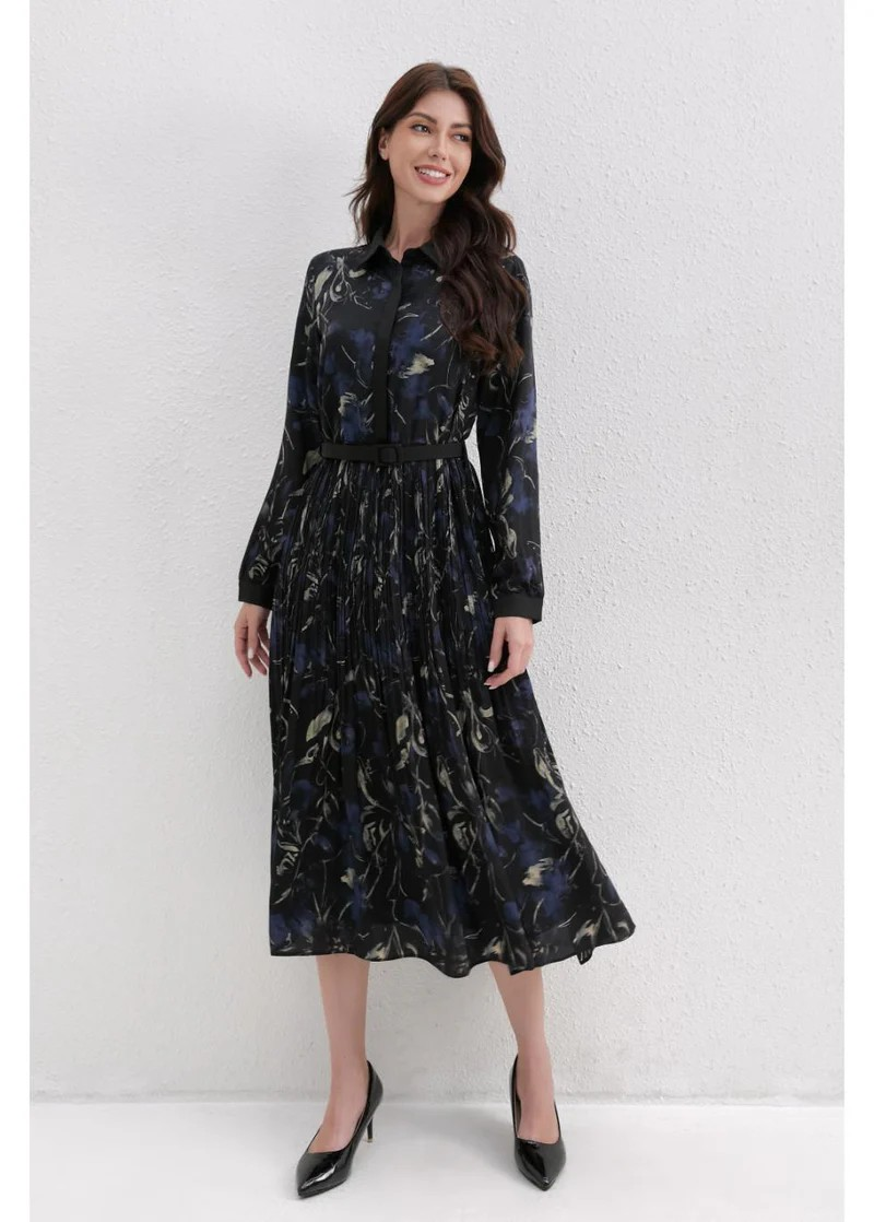 Midnight Petal Pleated Midi Dress