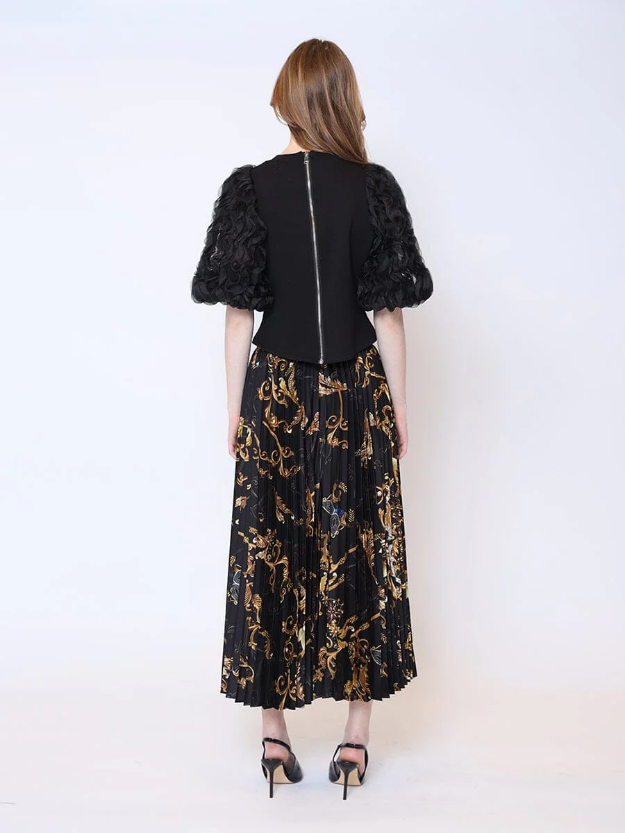 Floral Print Satin Pleated Skirt