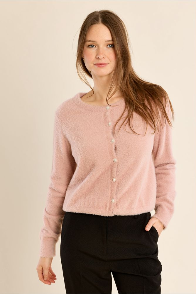 Round Neck Fluffy Cardigan