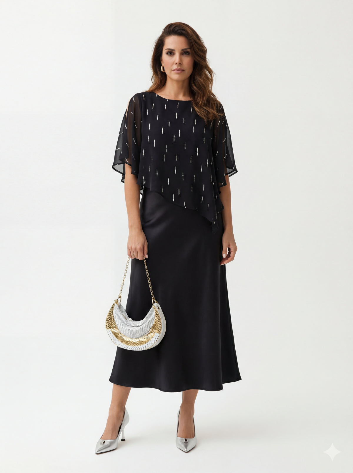 Silver Pump With + Frank Lyman Black/Gold Wo + Satin Skirt 37