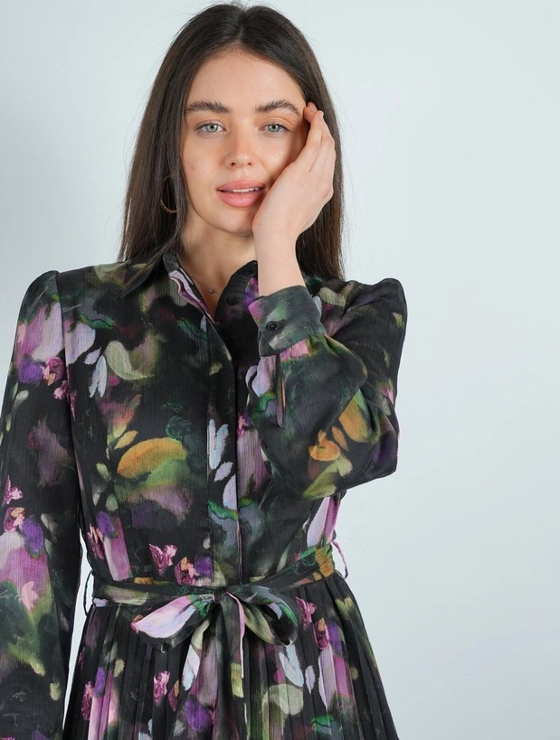 Chiffon Belted Pleated Shirt Dress