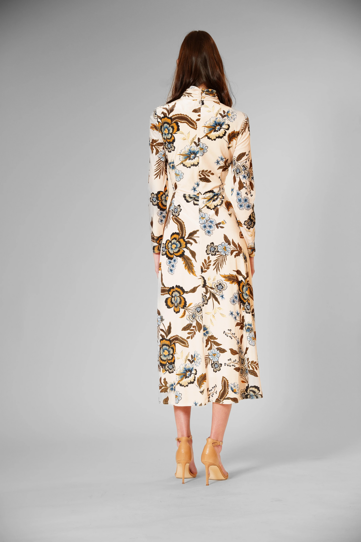 LONG SLEEVE MIDI VELVET PRINTED DRESS W HIGH NECK