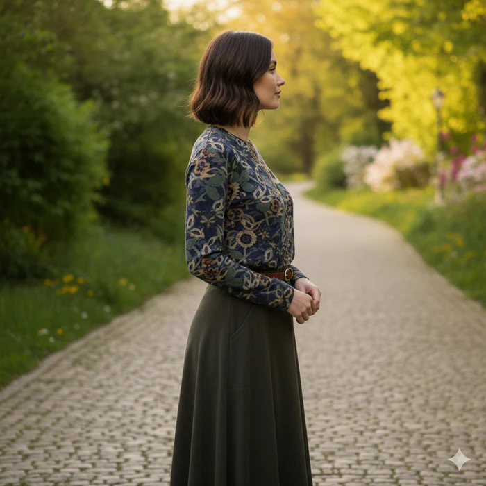 Navy Olive Baroque Print Top