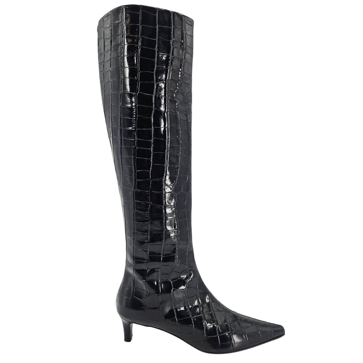 Black Tall Moc Croc Pointy Toe Kitten Heel Boot