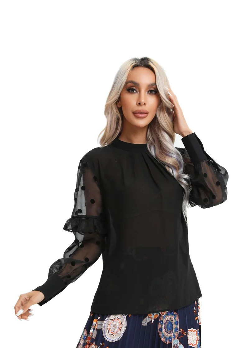 Polka Dot Sheer Sleeve Black Top