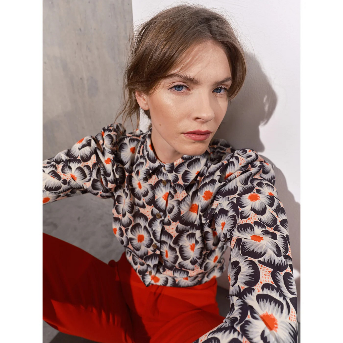 Clara Pleat Shoulder Black Flower Print Shirt