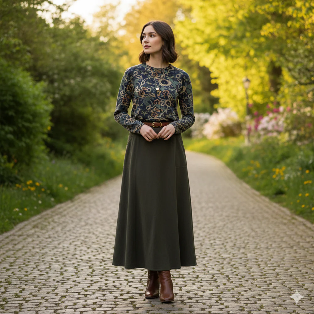Navy Olive Baroque Print Top