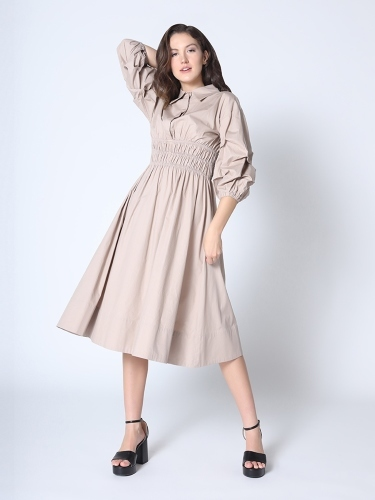 Ruched Puff Sleeve A Line Midi Dress - Gracia D33917